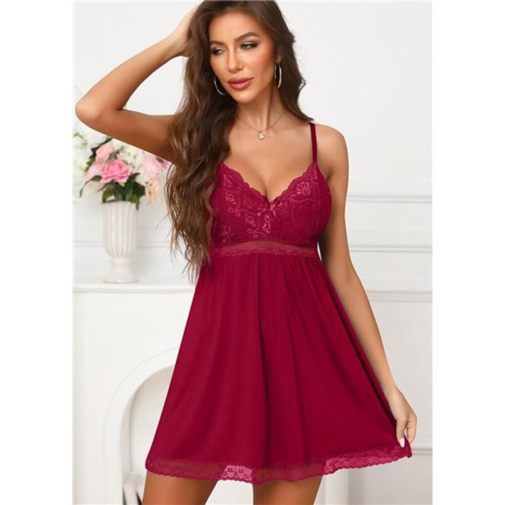 Women Lingerie Nightgown Sleepwear Lace Wine Red - Picture 2 of 6